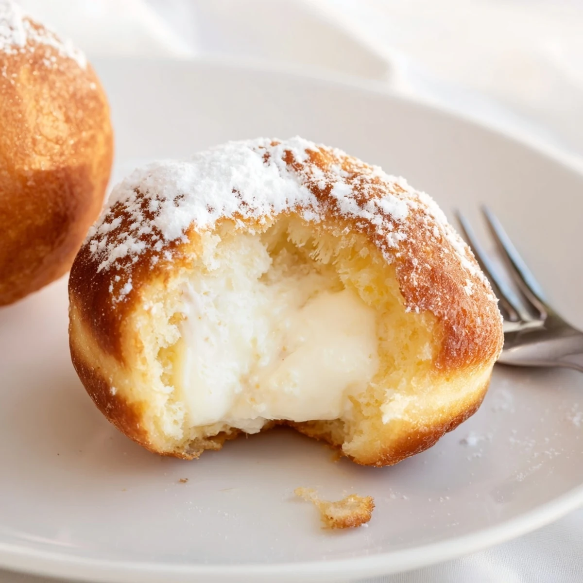 Golden brown Korean milk cream donuts coated in powdered sugar after frying