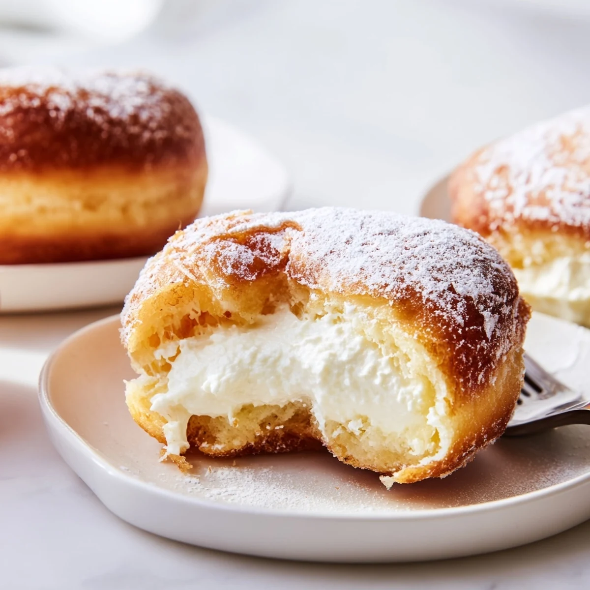 Fried Korean milk cream donuts with light fluffy cream dusted in sugar