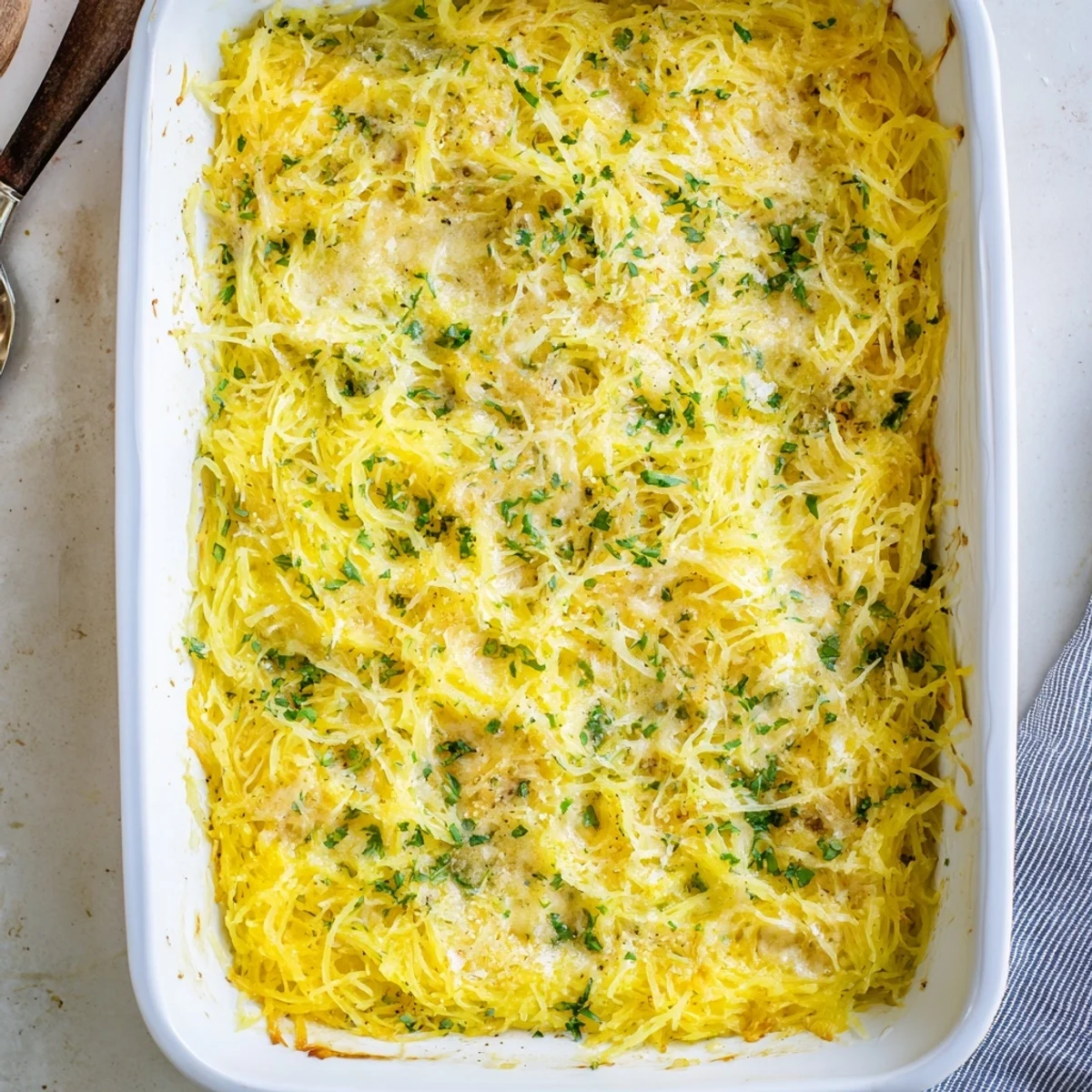 Creamy low-carb Spaghetti Squash Au Gratin casserole baked to golden brown perfection