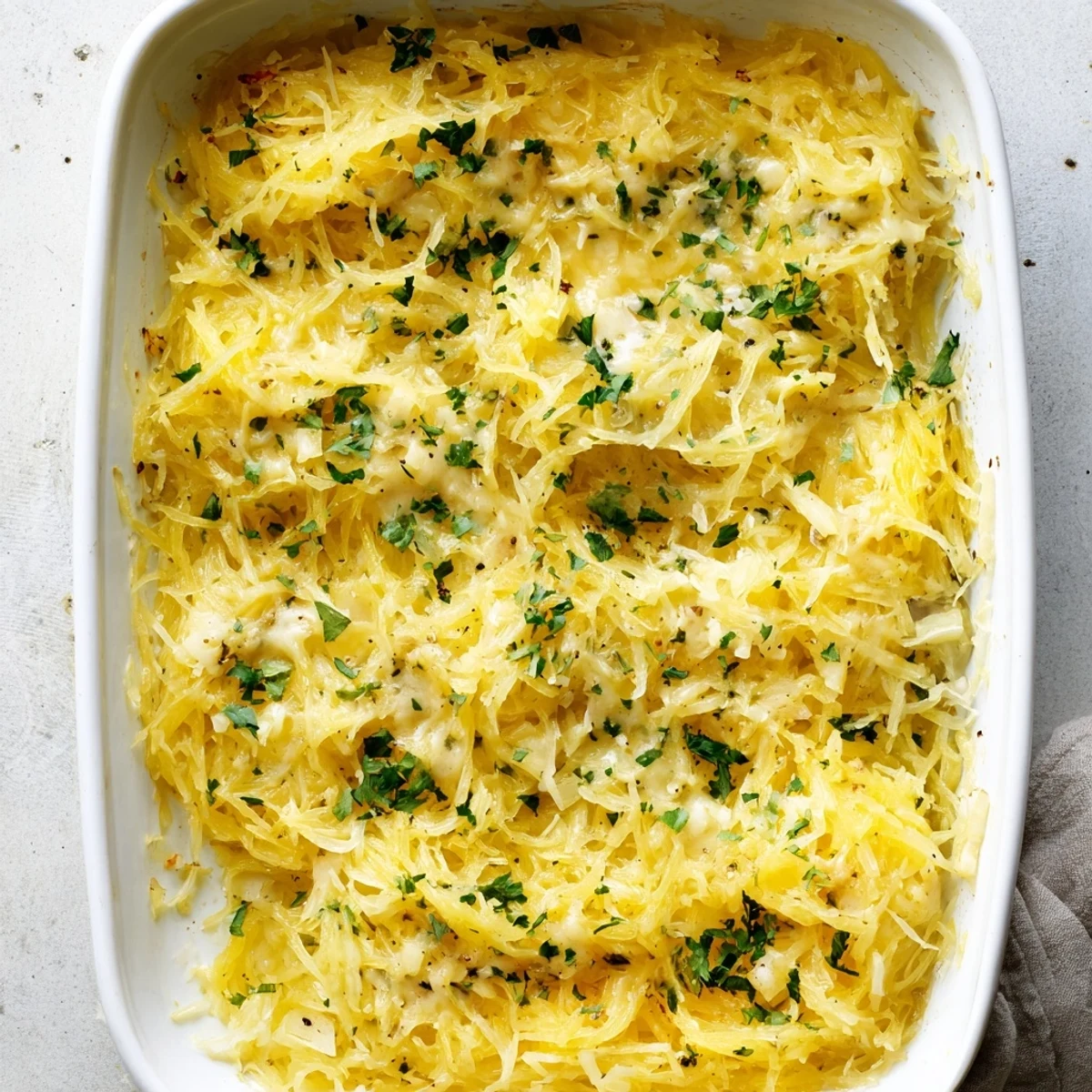 Golden bubbly Spaghetti Squash Au Gratin with melted Gruyère and Parmesan cheese topping