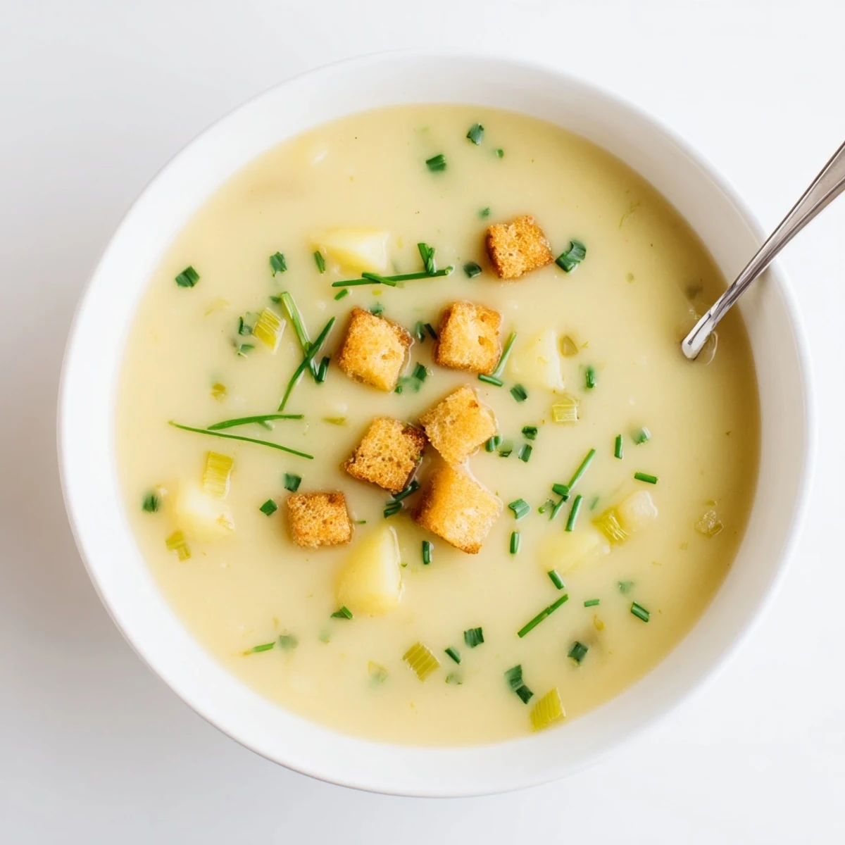 Creamy potato leek soup with silky smooth texture, garnished with fresh chives and golden croutons