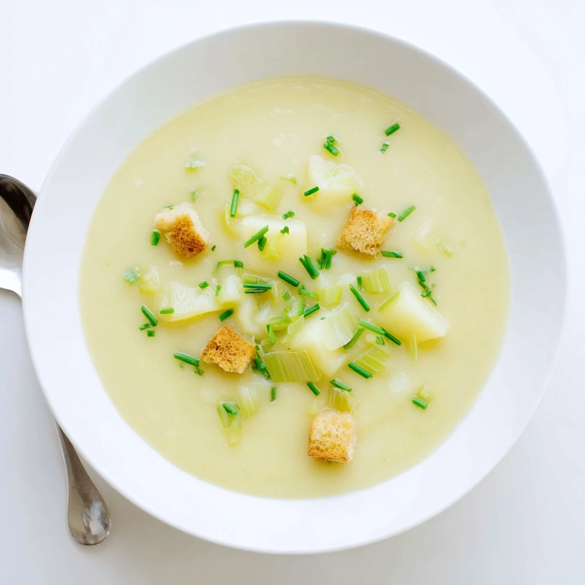 Bowl of comforting creamy potato leek soup, rustic white spoon resting on smooth velvety surface