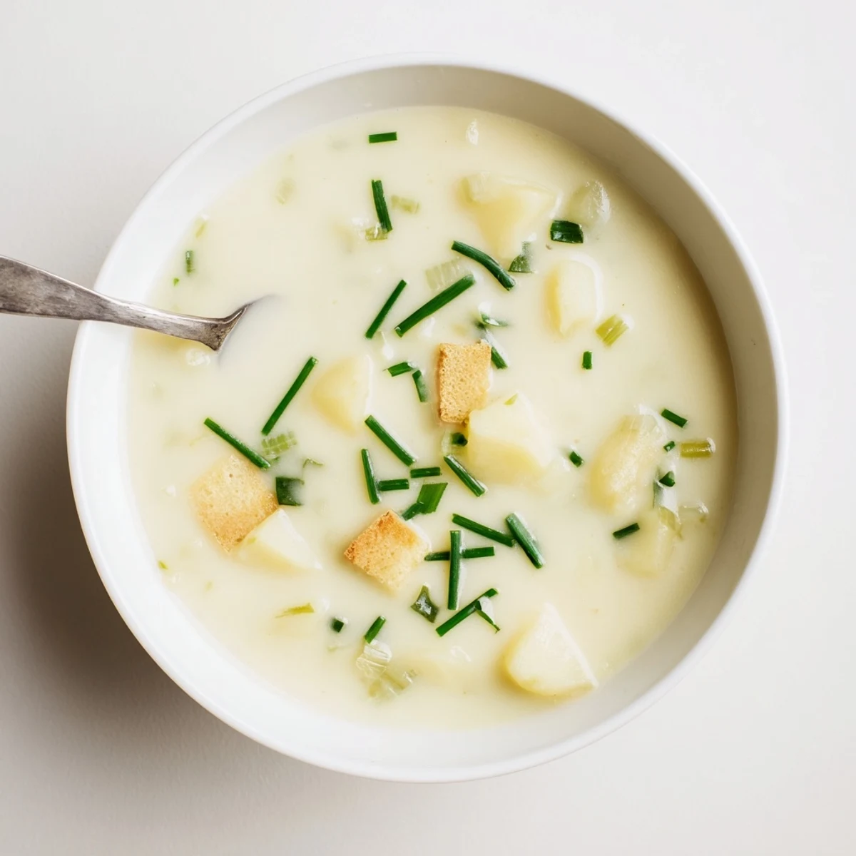 French-style creamy potato leek soup featuring tender potato pieces, swirled with rich heavy cream