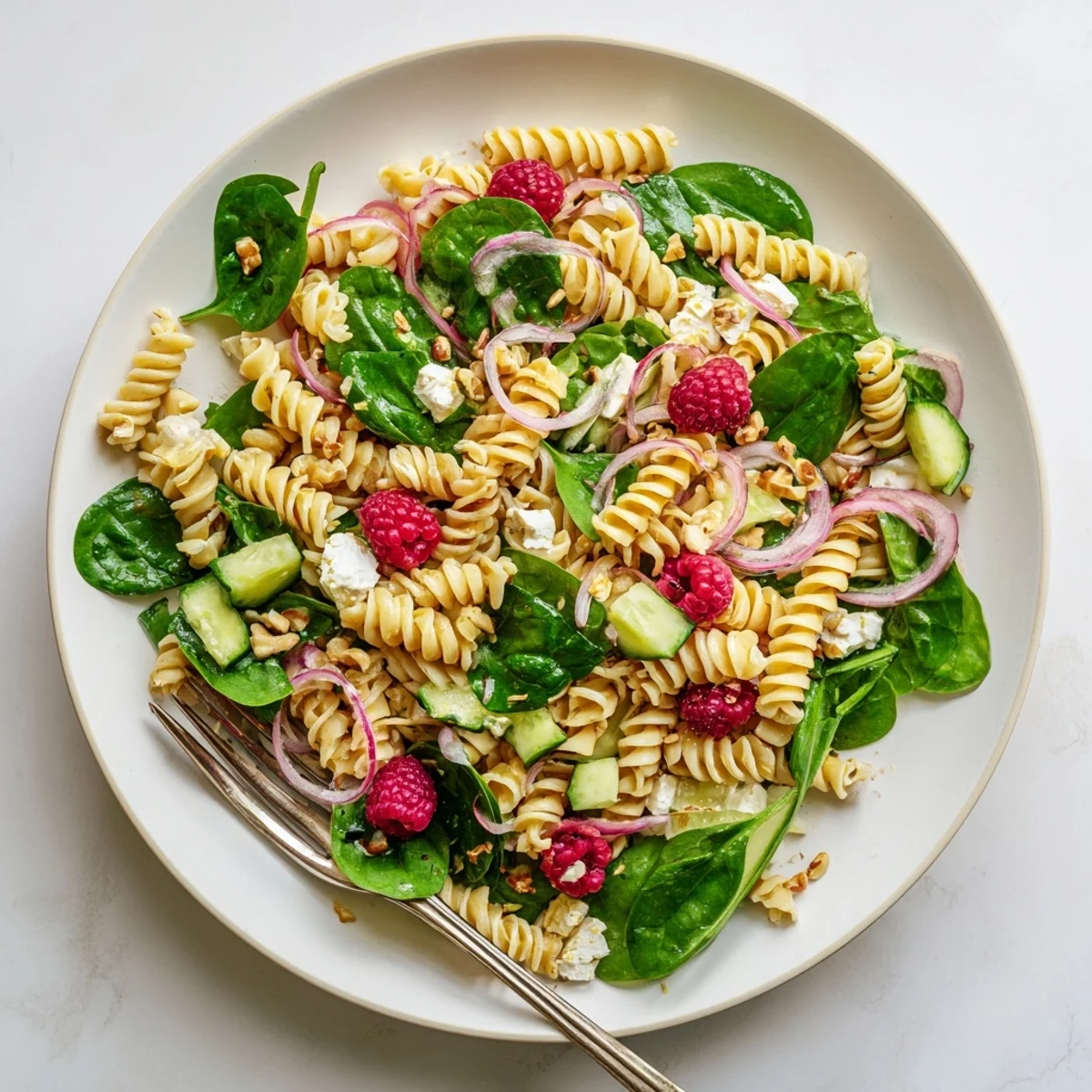 Colorful Raspberry Spinach Feta Pasta Salad with fresh berries and tangy vinaigrette drizzled over spiral pasta