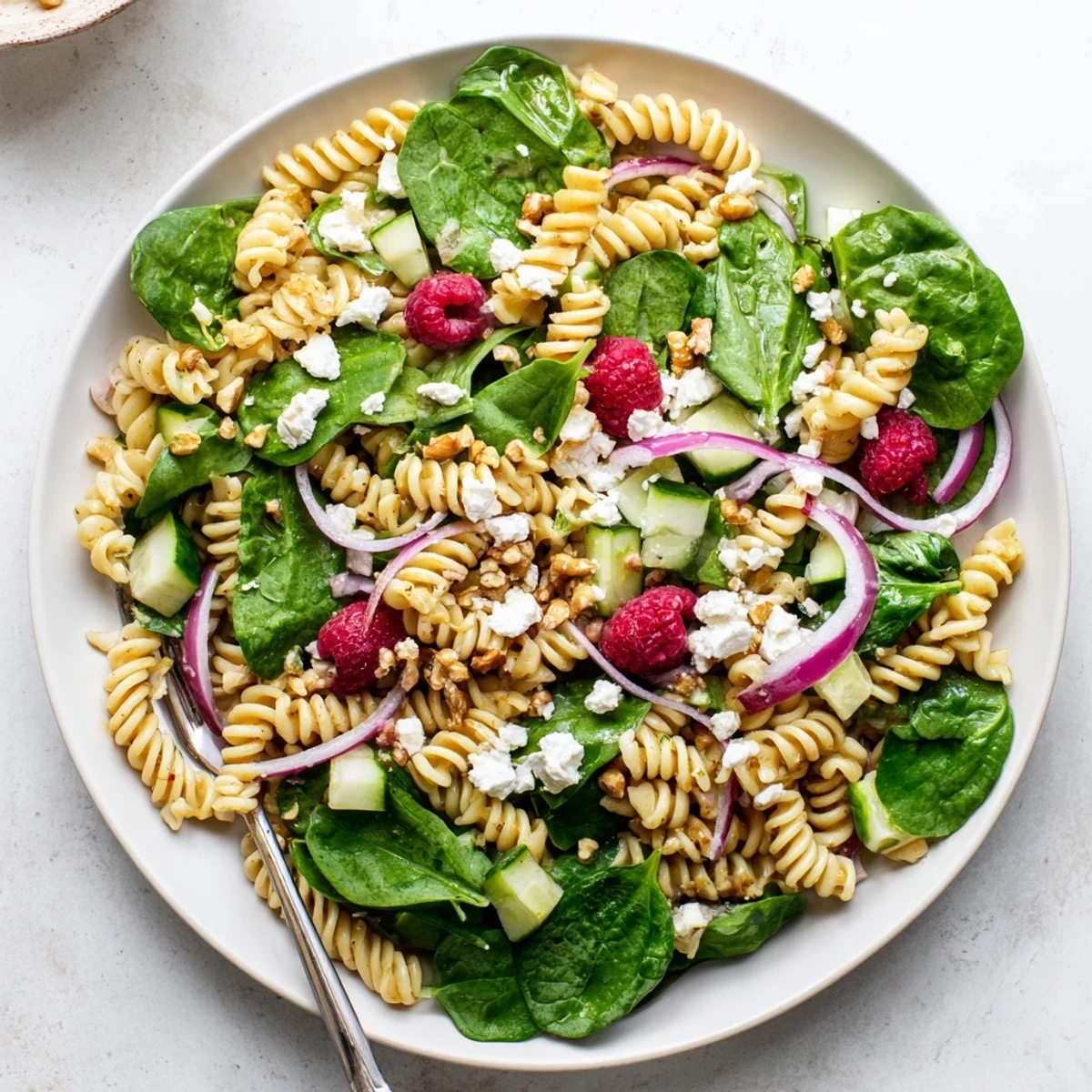 Garden fresh Raspberry Spinach Feta Pasta Salad featuring al dente pasta tossed with baby spinach and sweet raspberries