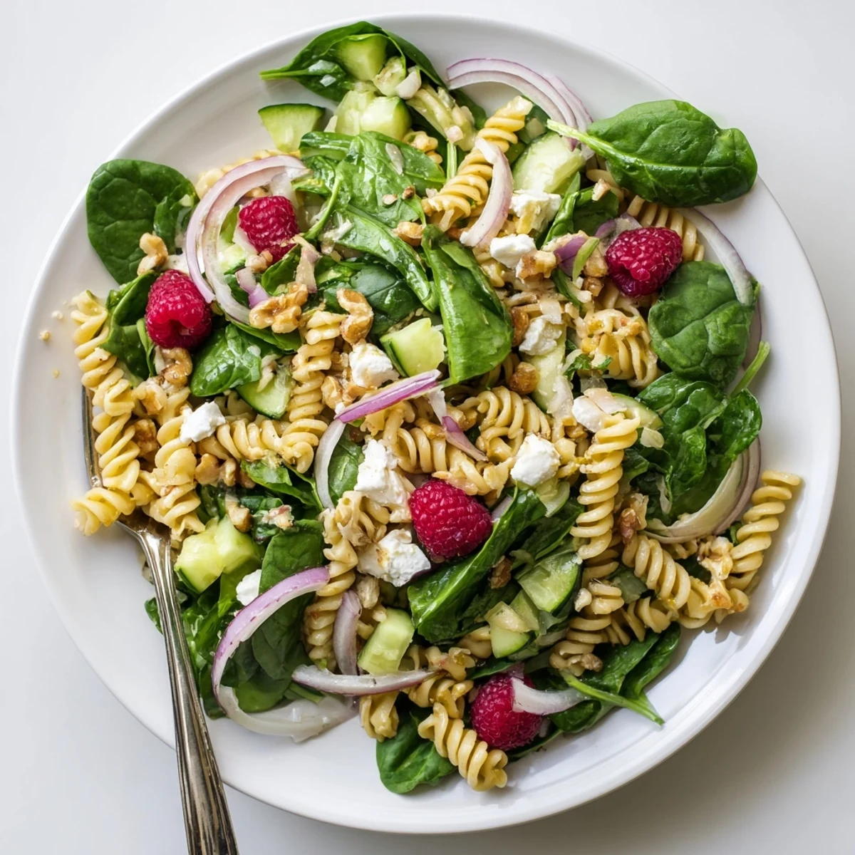 Summer Raspberry Spinach Feta Pasta Salad plated in white bowl with red berries, green spinach, and white cheese crumbles