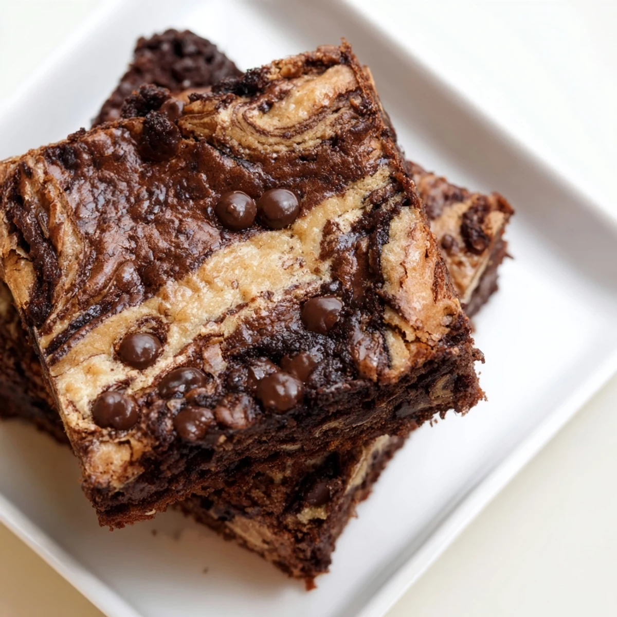 Golden banana bread brownie bars with marbled chocolate swirls on a white serving plate