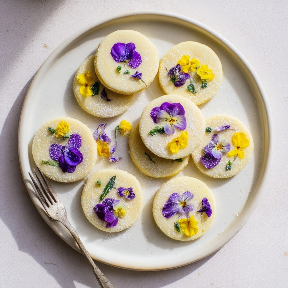 Golden Spring Flower Shortbread Cookies topped with colorful pressed edible violets and delicate petals on a white plate