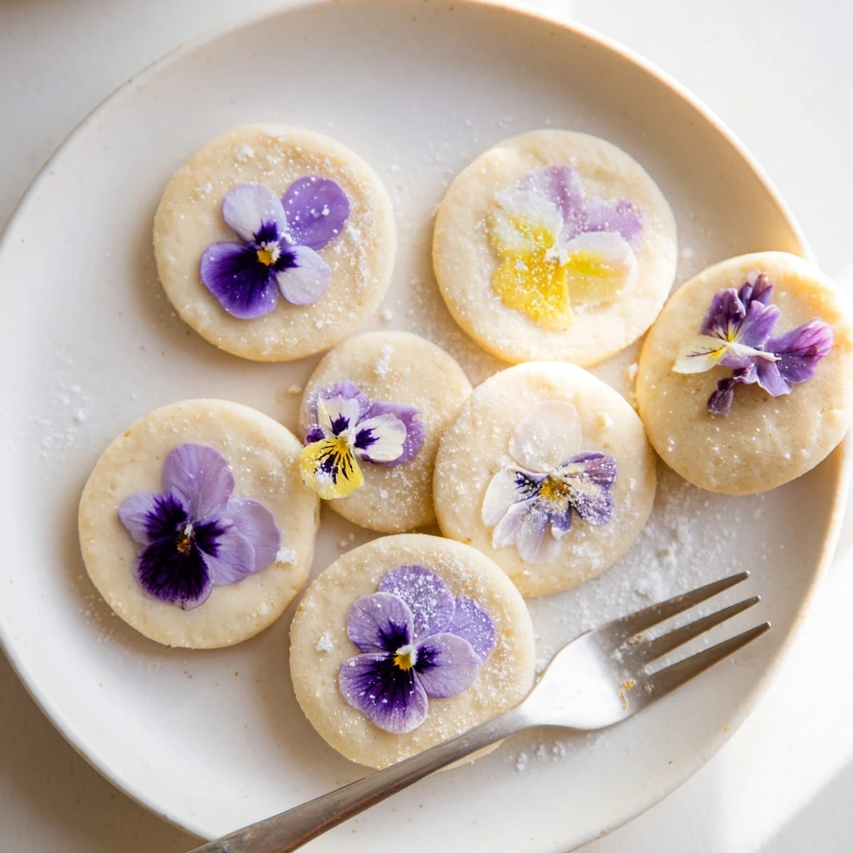 Buttery shortbread cookies decorated with fresh pansies and rose petals arranged beautifully for afternoon tea service
