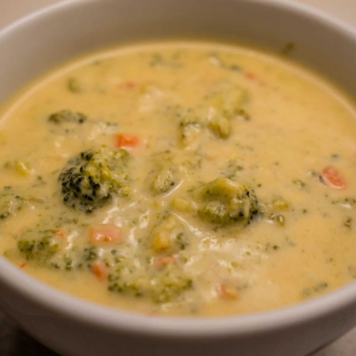 Creamy broccoli cheddar soup ladled into a white bowl, garnished with grated cheese