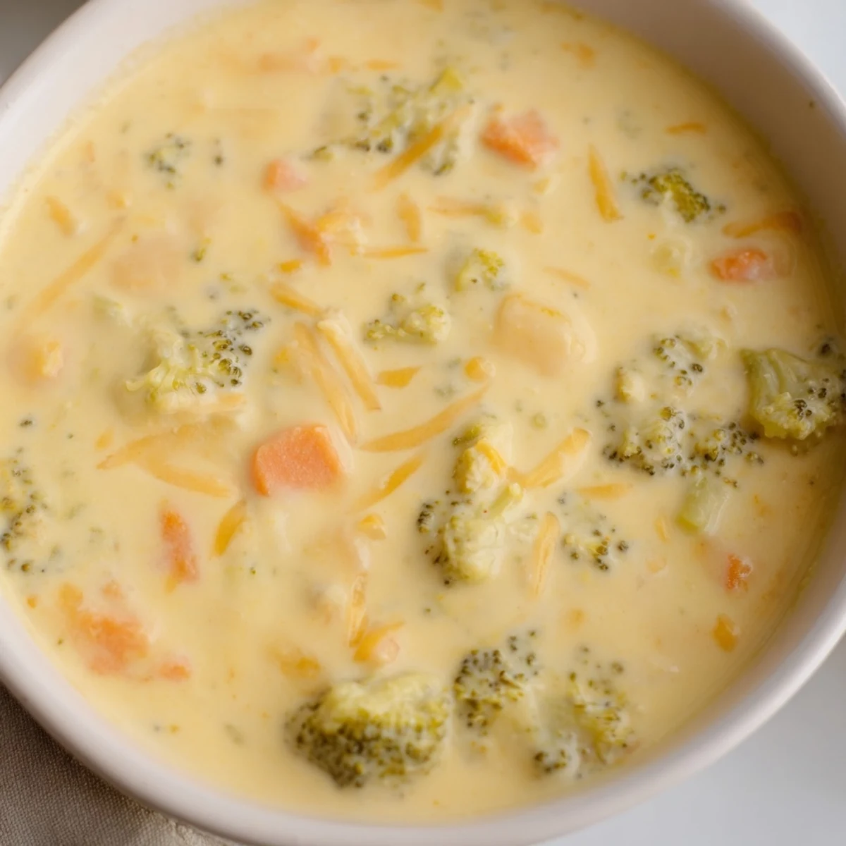 Steaming bowl of rich broccoli cheddar soup with florets visible, served with crusty bread