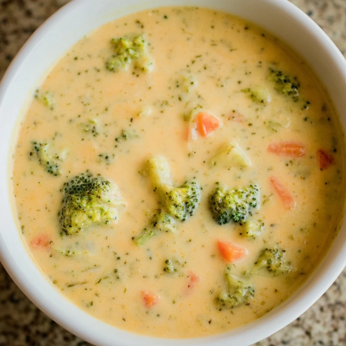 Velvety homemade broccoli cheddar soup topped with black pepper in a rustic ceramic bowl