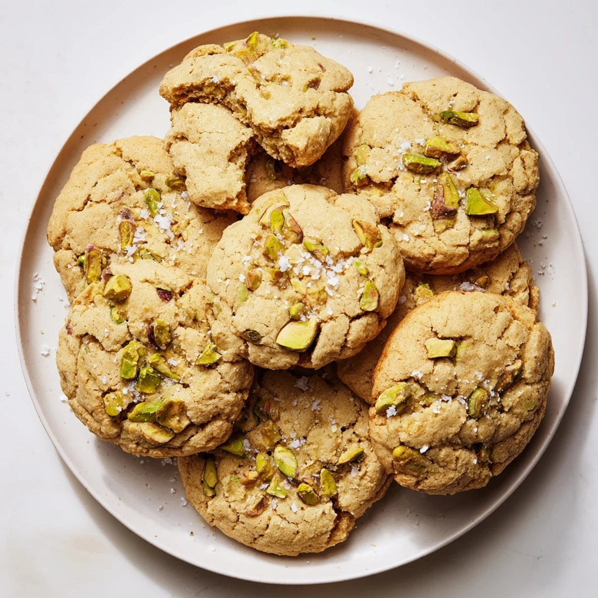 Stack of buttery salted pistachio cookies dusted with powdered sugar alongside a steaming coffee mug