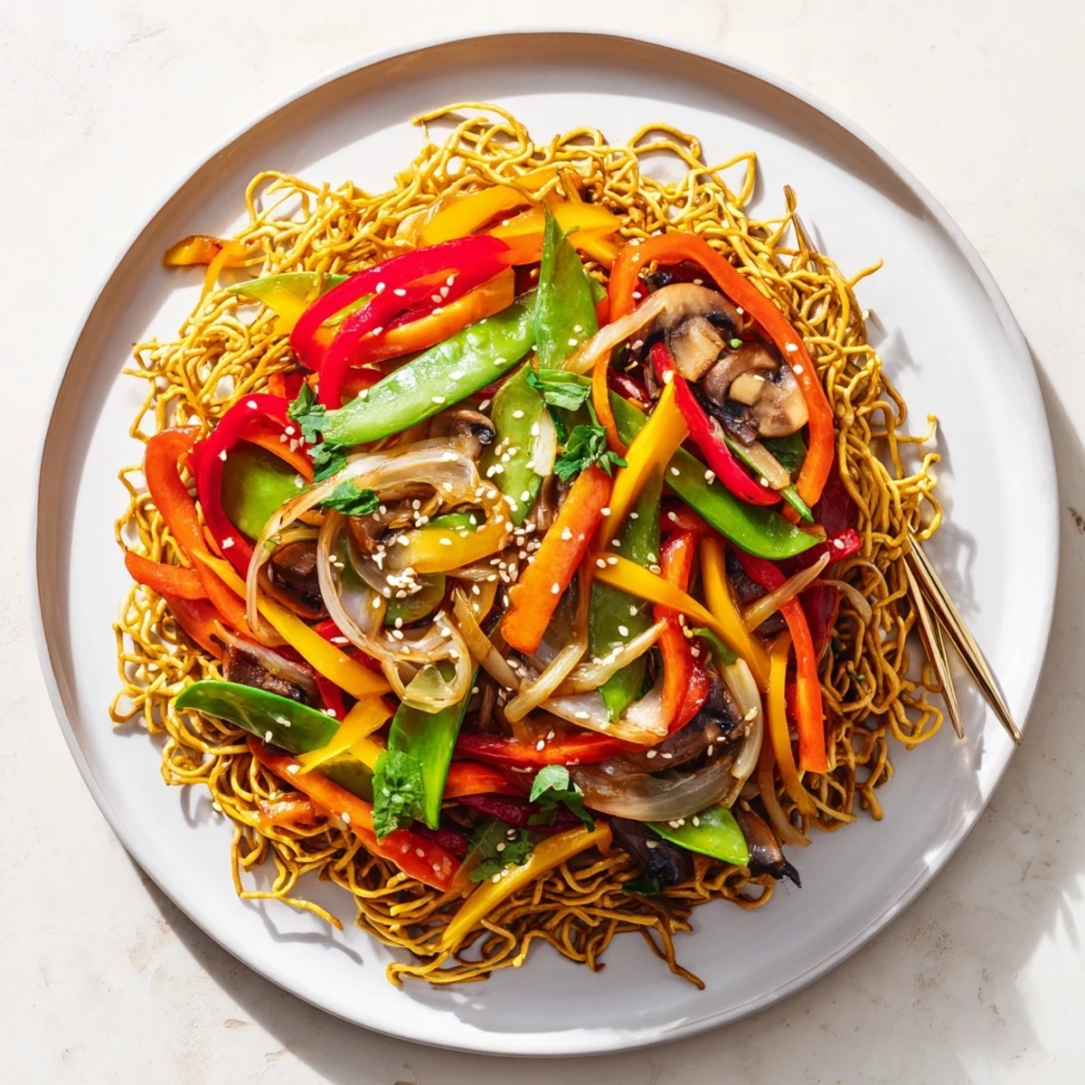Vibrant vegetable chow mein featuring crunchy noodles and tender crisp bell peppers