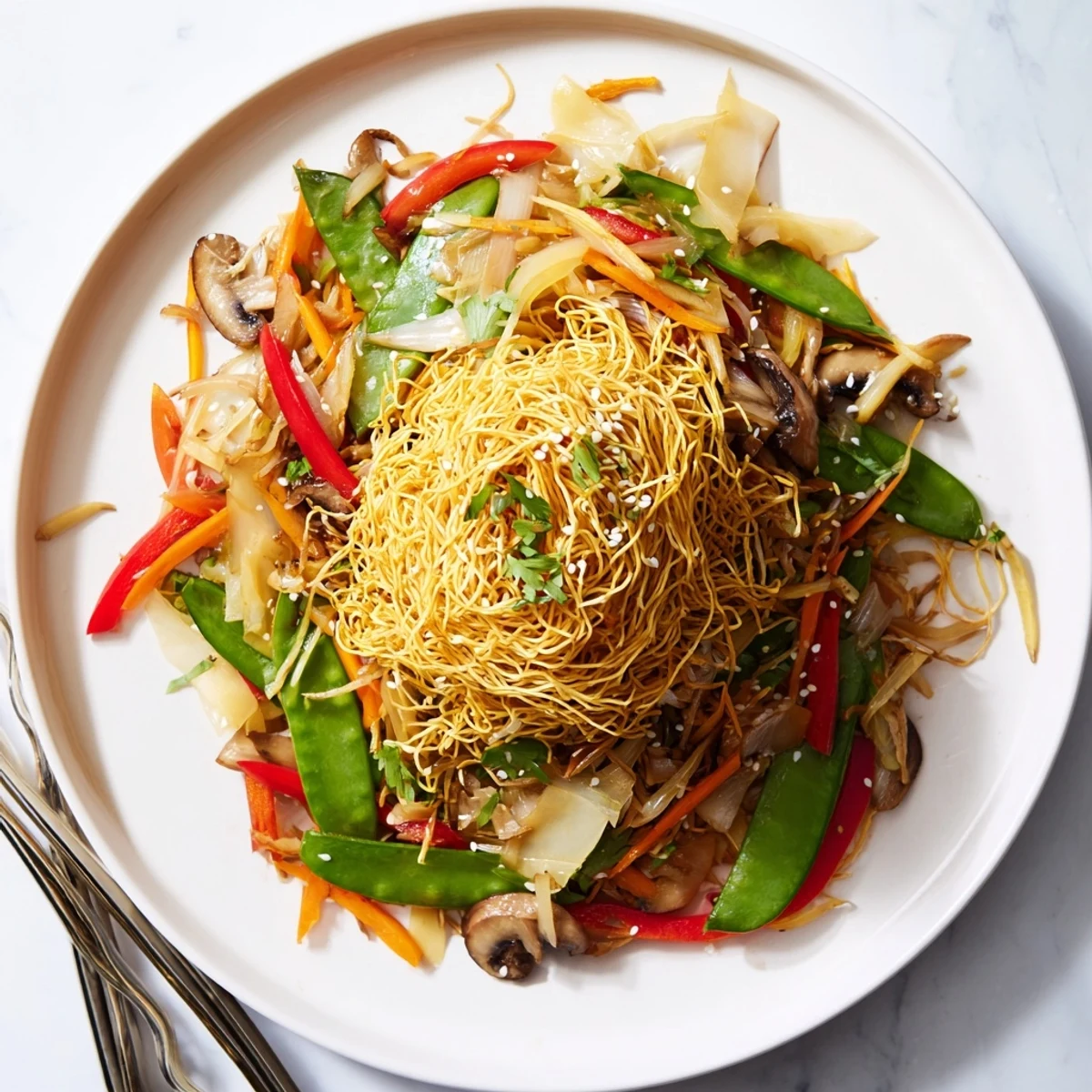 Plate of crispy noodle chow mein piled with fresh stir-fried colorful vegetables