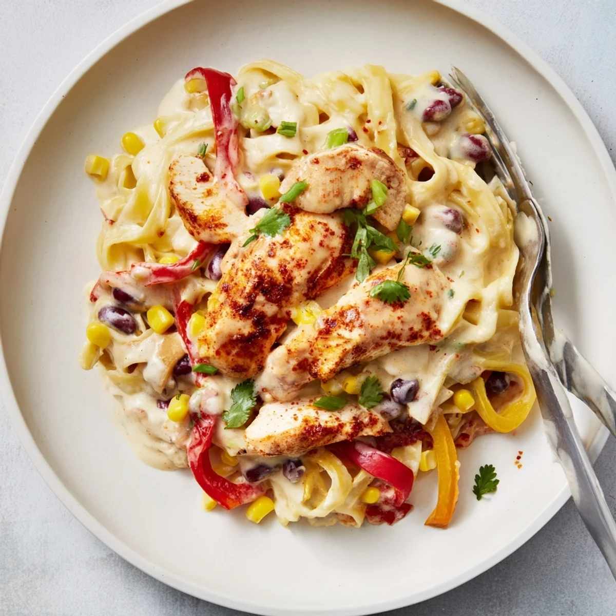 Golden spiced chicken sliced over fettuccine noodles coated in rich white Alfredo sauce with black beans and corn.