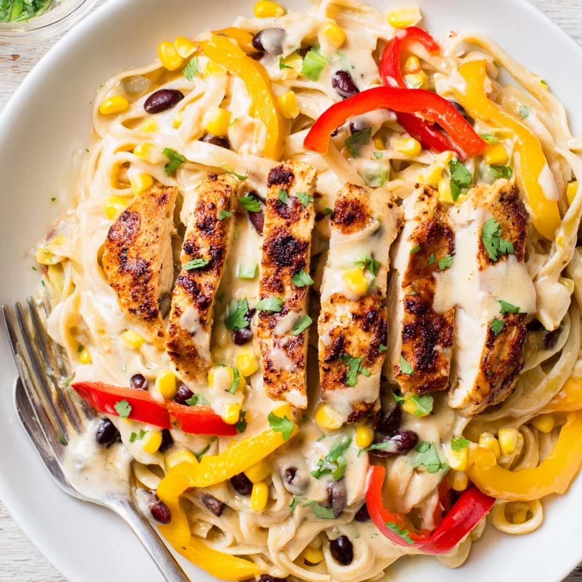 Creamy Southwest chicken Alfredo pasta topped with sliced chicken breast, colorful bell peppers, and fresh cilantro garnish.