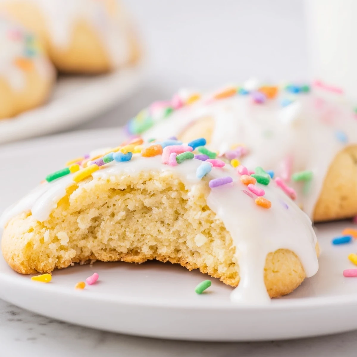 Soft Italian Easter cookies topped with white glaze and rainbow sprinkles on a wire rack