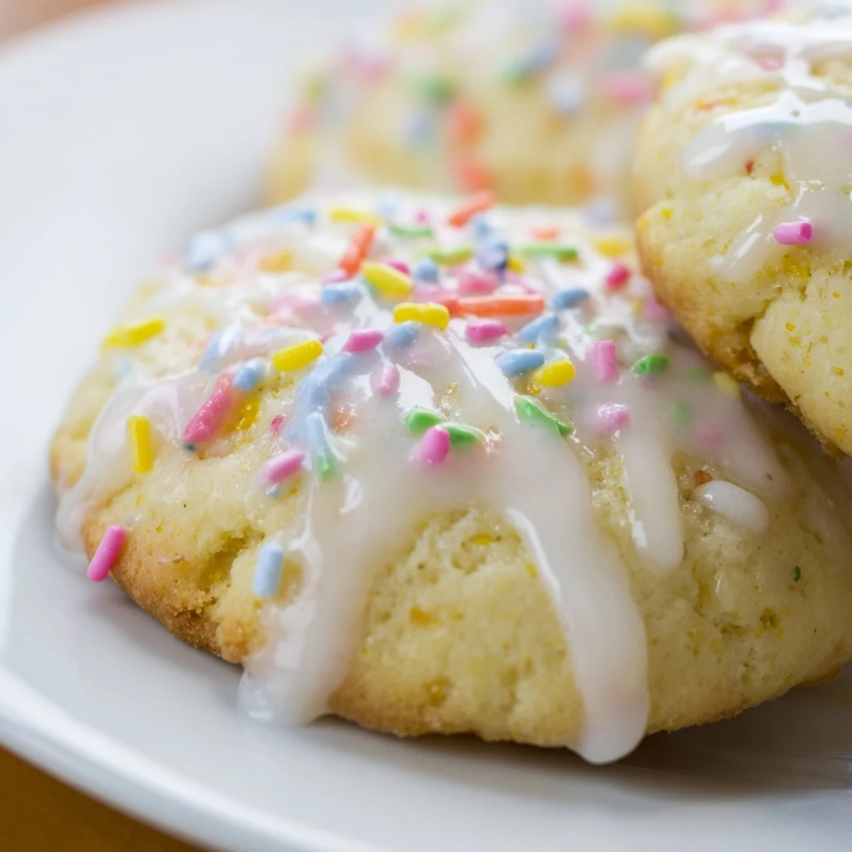 Freshly baked Italian Easter cookies drizzled with sweet vanilla glaze and vibrant colorful sprinkles