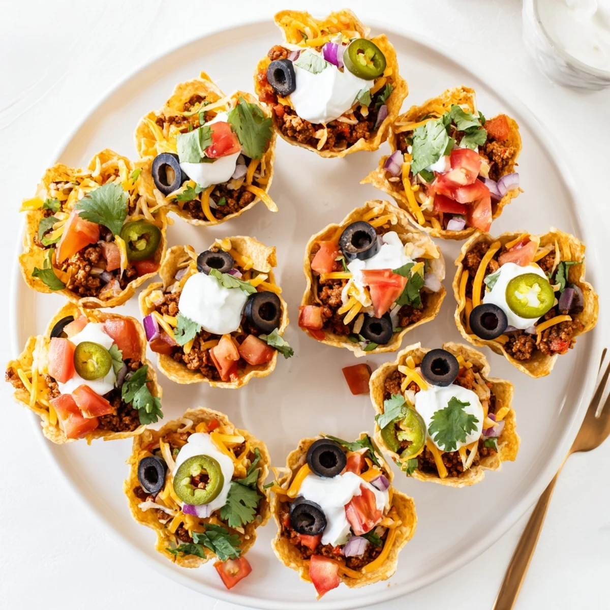 Bite-sized taco cups topped with sour cream, fresh cilantro, and diced tomatoes for easy appetizer serving