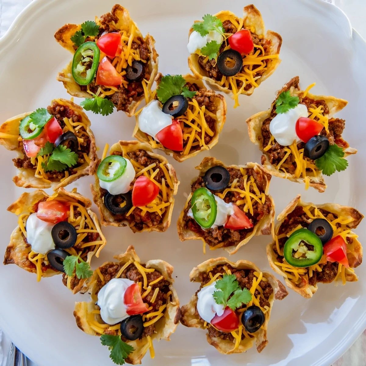 Golden mini taco cups filled with seasoned beef and melted cheddar cheese in a muffin tin