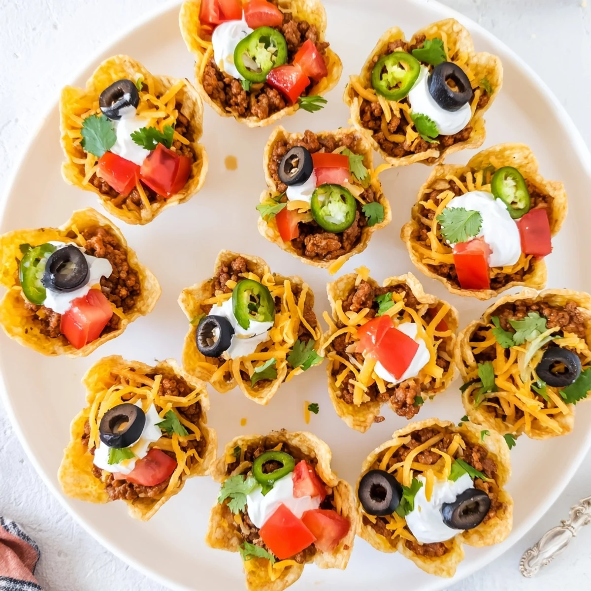 Crispy tortilla taco cups stuffed with spiced ground beef and colorful Tex-Mex toppings