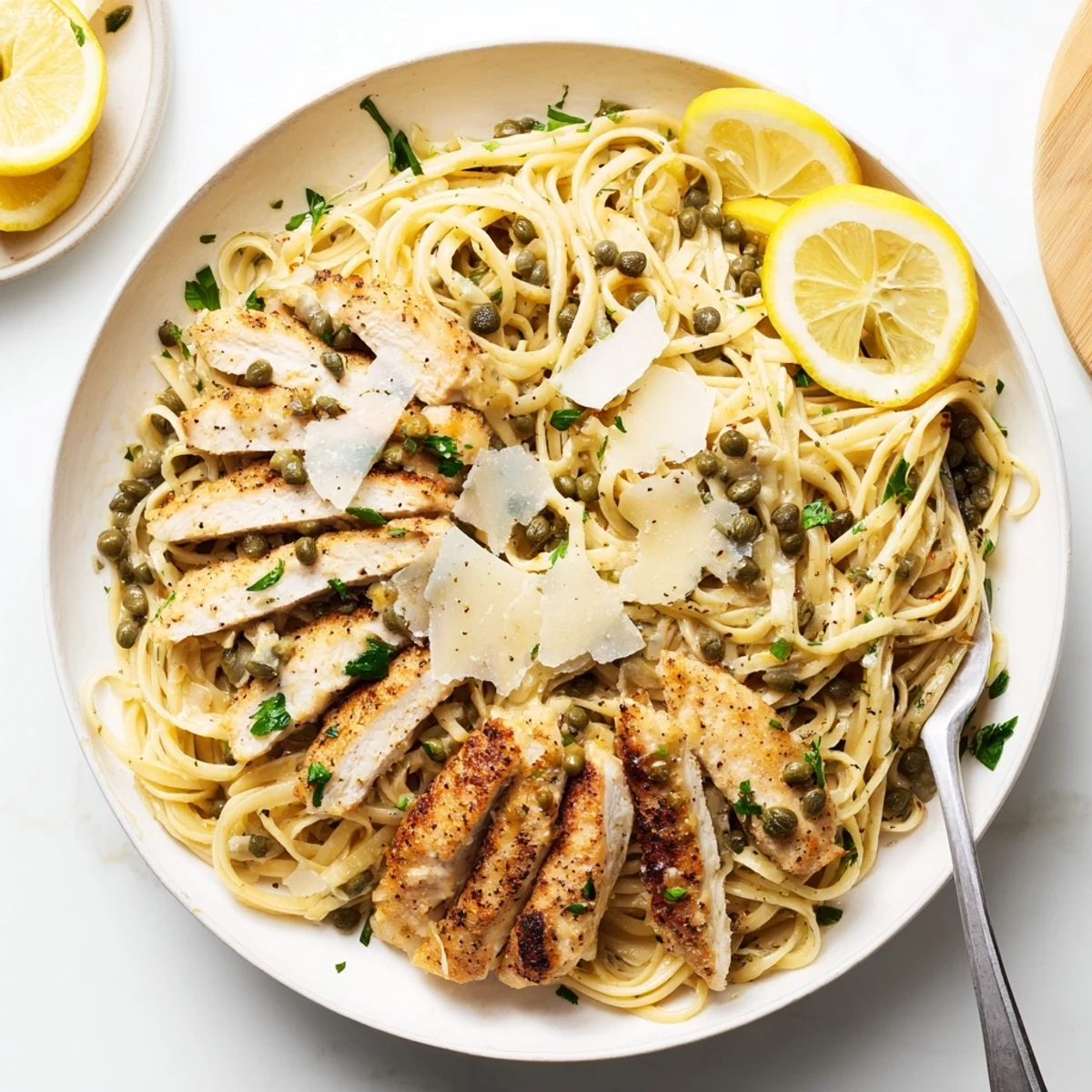 Creamy chicken piccata pasta featuring tender chicken cutlets and bright lemon garlic sauce over al dente linguine