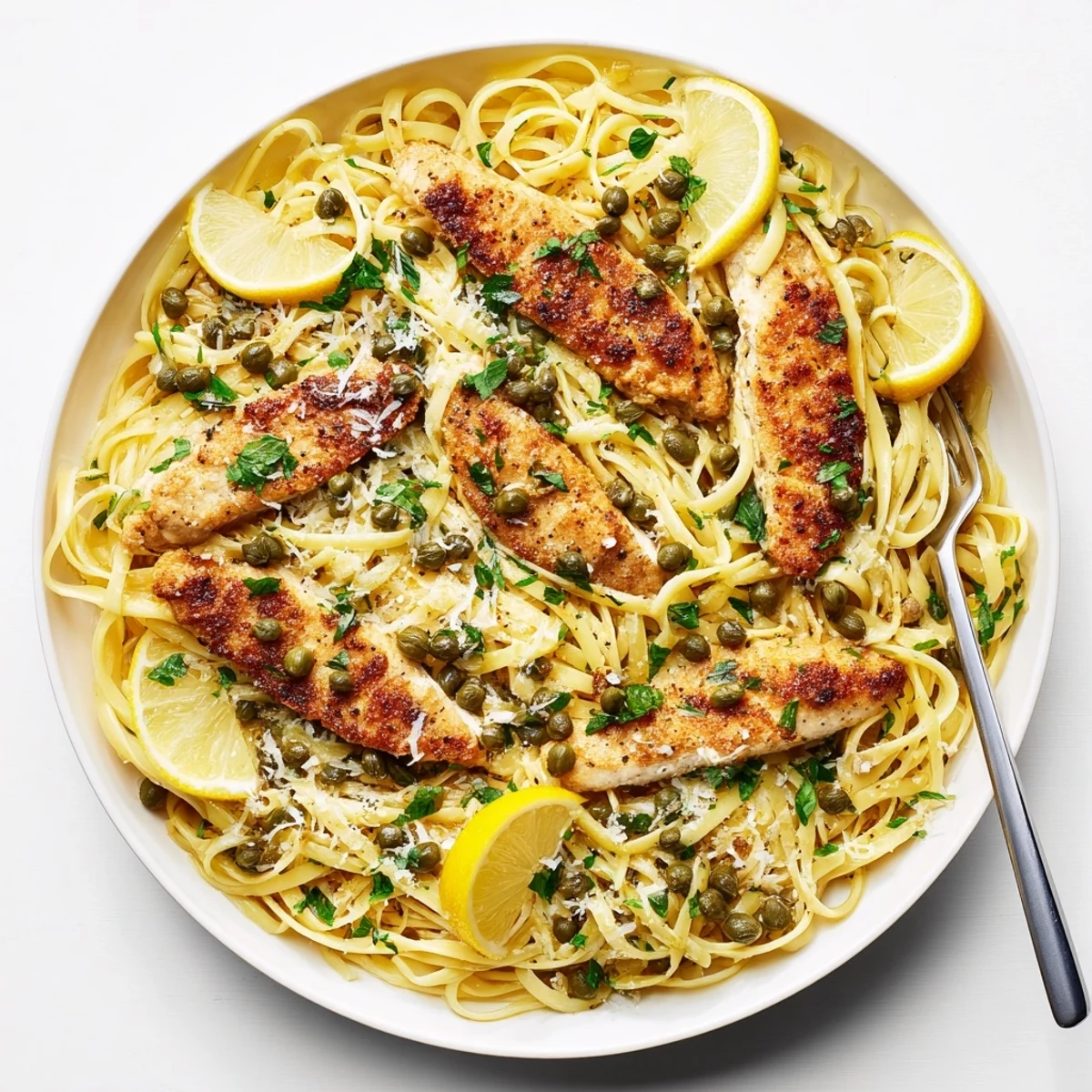 Golden chicken piccata pasta tossed in a creamy lemon caper sauce with fresh parsley and grated Parmesan