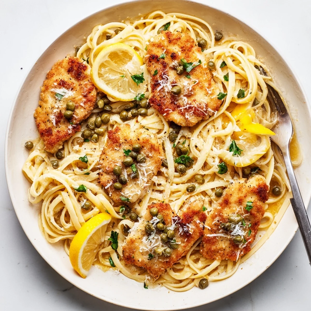 Steaming bowl of chicken piccata pasta with golden chicken pieces in a zesty lemon butter sauce with capers