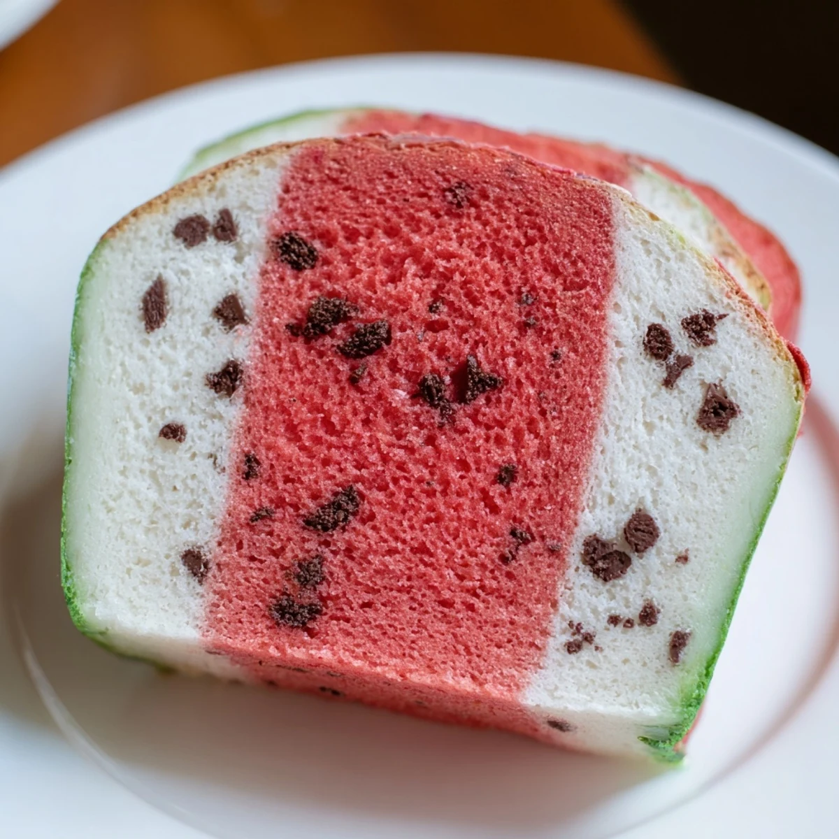 Homemade watermelon bread displaying green outer rind white middle layer and tender sweet pink interior on cutting board
