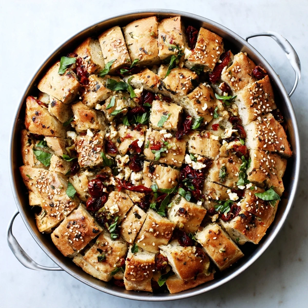 Soft homemade bread filled with Mediterranean herbs, Kalamata olives, and feta cheese baked until golden.
