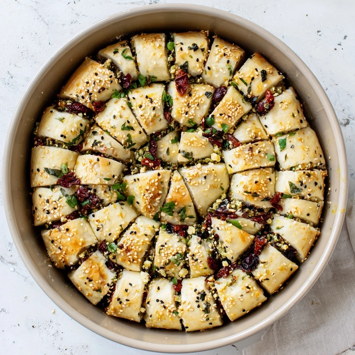 Golden Mediterranean pull-apart bread stuffed with feta, olives, and sun-dried tomatoes, ready for pulling apart.