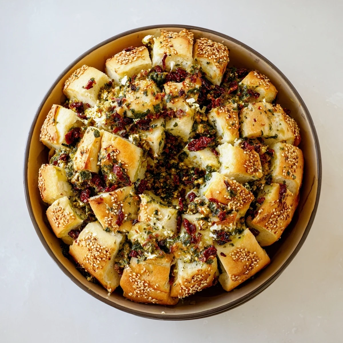 Savory pull-apart bread with sun-dried tomatoes, olives, and feta, brushed with olive oil and sesame seeds.