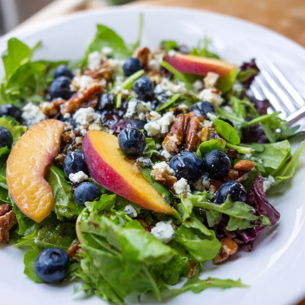 Colorful blueberry peach feta salad featuring toasted nuts and light dressing on rustic wooden table