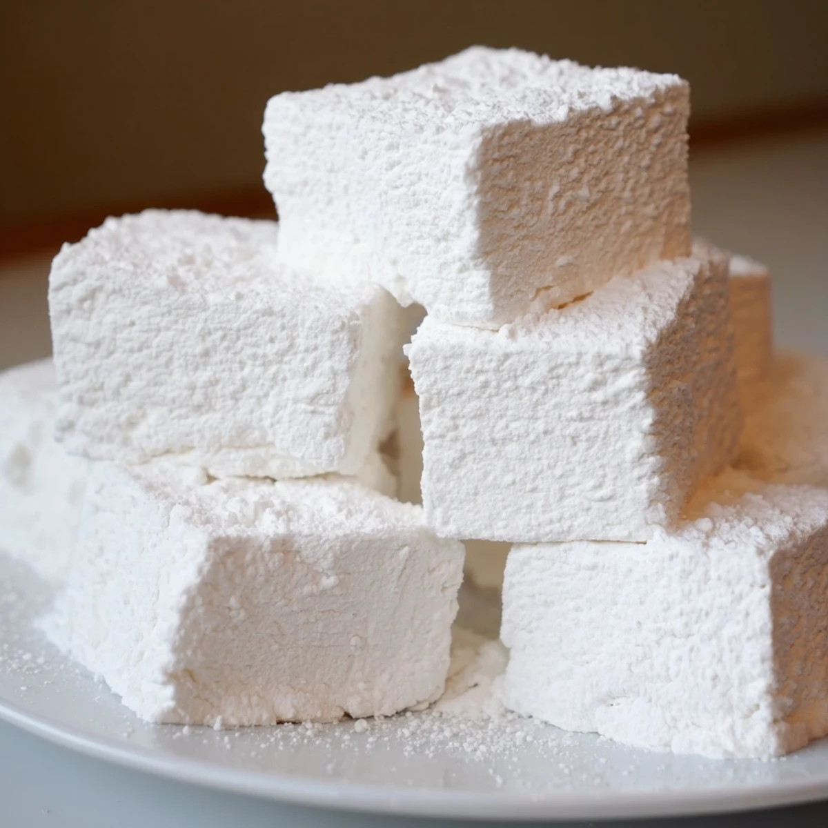 Soft white homemade marshmallow recipe squares dusted with powdered sugar on a wooden cutting board