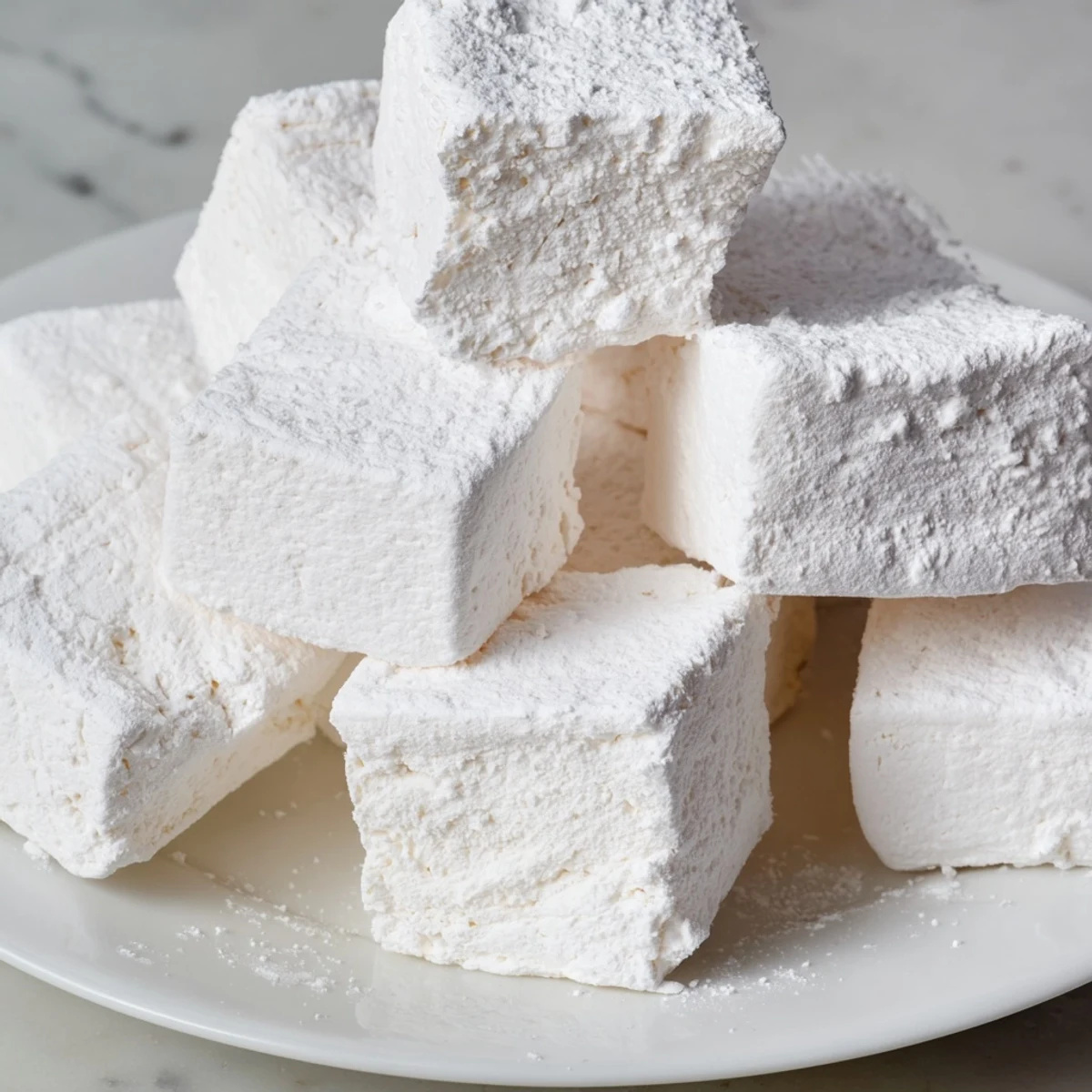 Fluffy vanilla marshmallow recipe pieces piled high ready for hot chocolate and s'mores