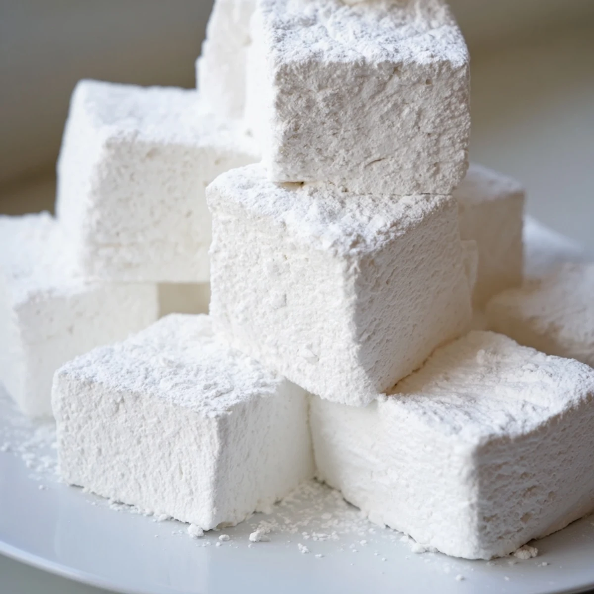 Homemade marshmallow recipe showing pillowy cubes coated in sweet white sugar cornstarch mixture