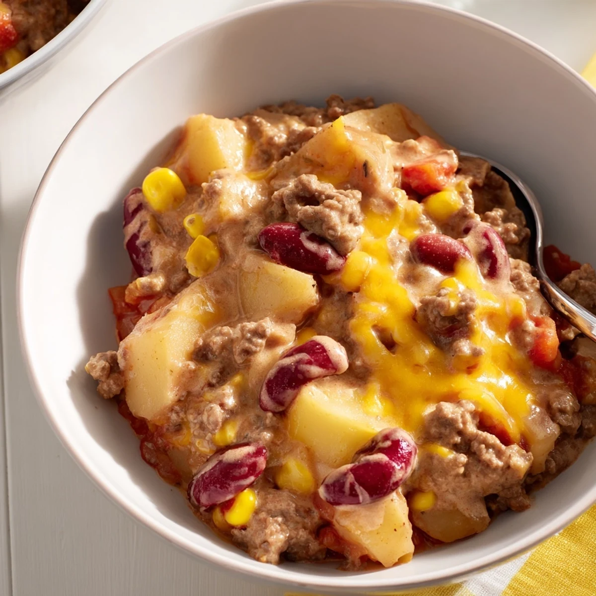Golden slow cooker cowboy casserole topped with melted cheddar cheese over tender potatoes and beef