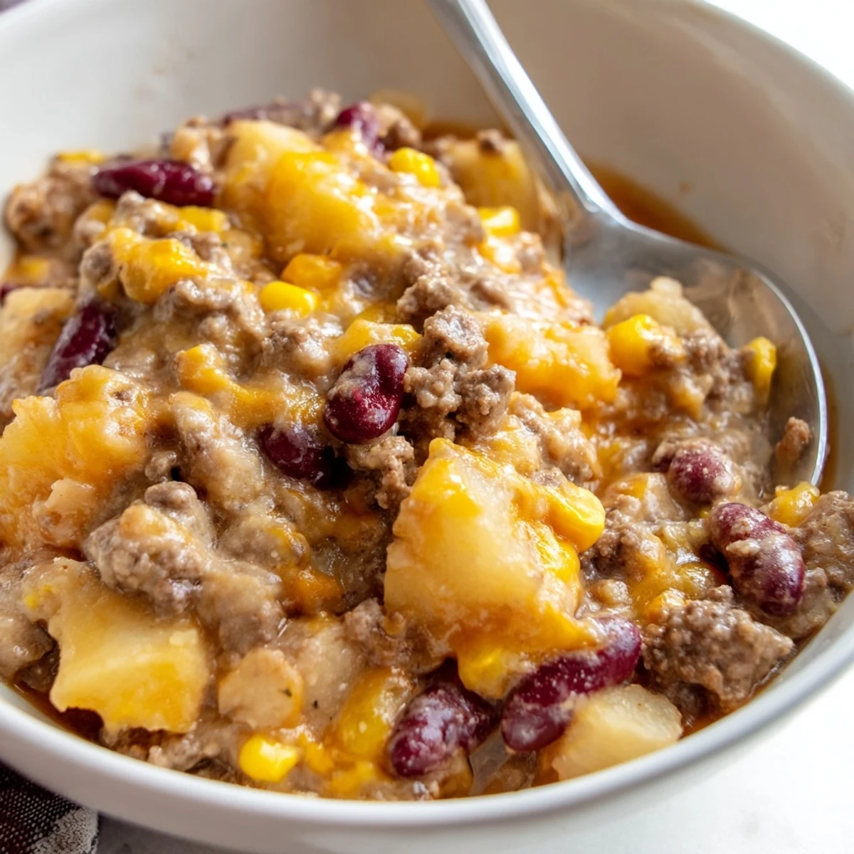 Family-friendly cowboy casserole with layered vegetables beef and melted cheese served piping hot from a slow cooker