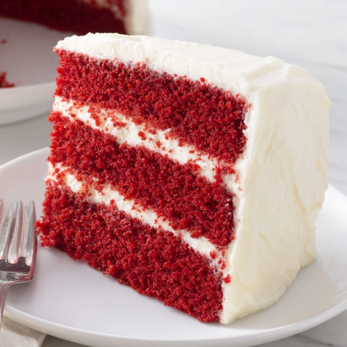 Luscious red velvet cake layers stacked with smooth cream cheese frosting for celebrations.