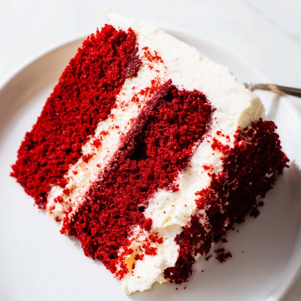 Slice of moist red velvet cake with creamy frosting on a white dessert plate.