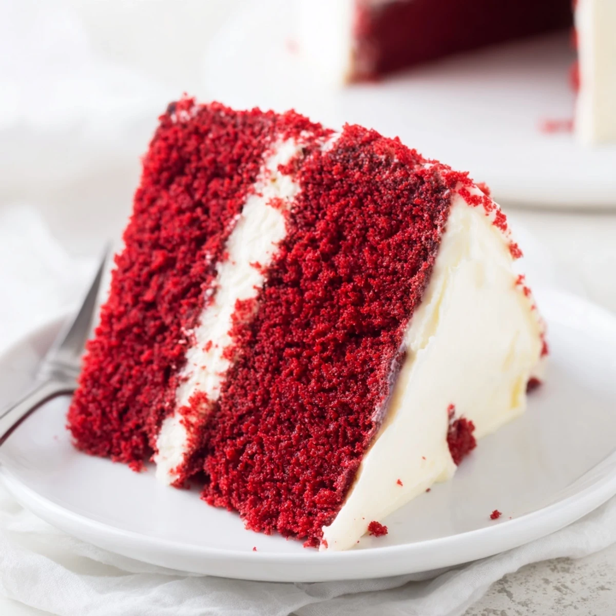 Two-tier red velvet cake topped with fluffy cream cheese frosting and red velvet crumbs.