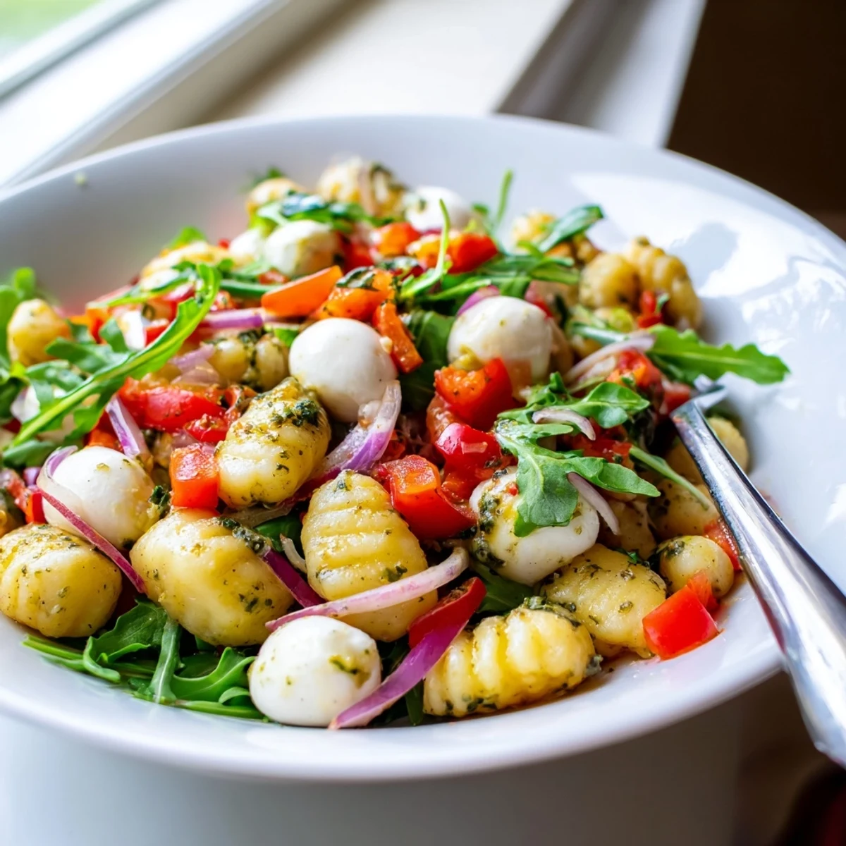Golden roasted gnocchi salad with fresh mozzarella and vibrant basil pesto dressing