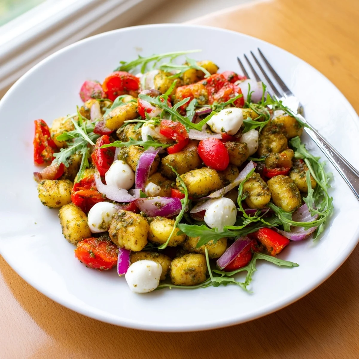 Colorful warm bowl of crispy gnocchi tossed with pesto, vegetables, and creamy cheese