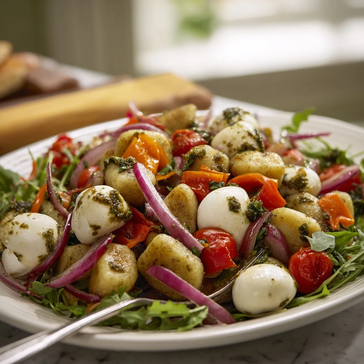 Italian-inspired roasted gnocchi salad featuring cherry tomatoes, mozzarella balls, and zesty pesto