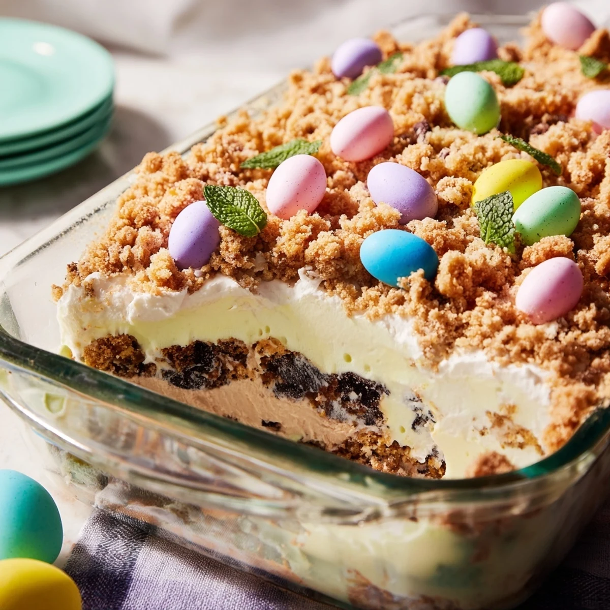 Easter dirt cake casserole displayed with pastel candy eggs nestled in dark cookie crumbs and mint garnish