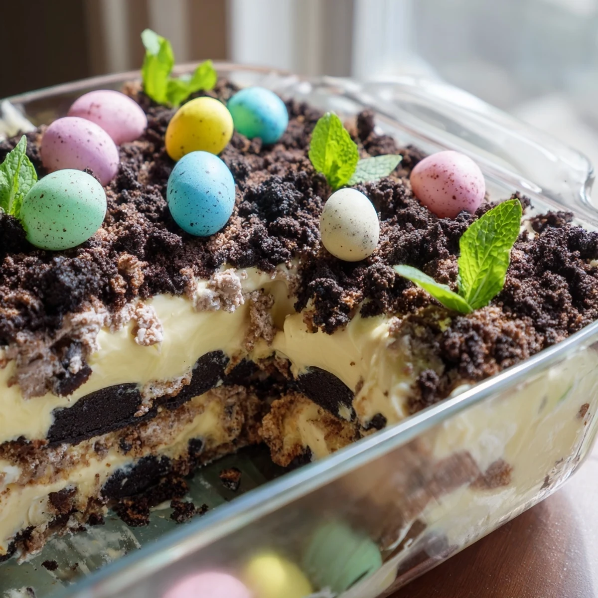 Spoonful of creamy Easter dirt cake casserole showing layered pudding and crushed cookie texture