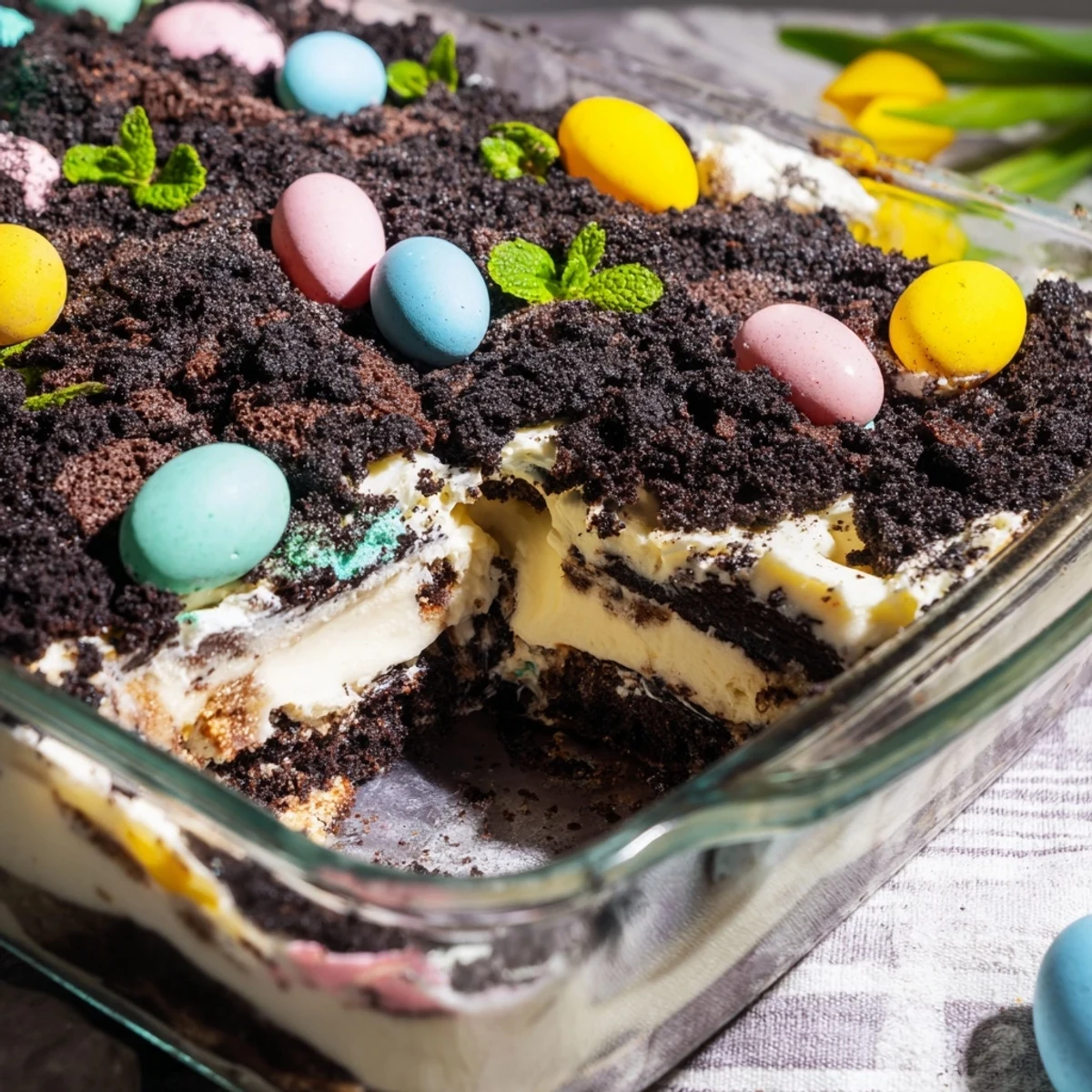 Spring dessert casserole topped with colorful chocolate eggs scattered over chocolate cookie dirt layer