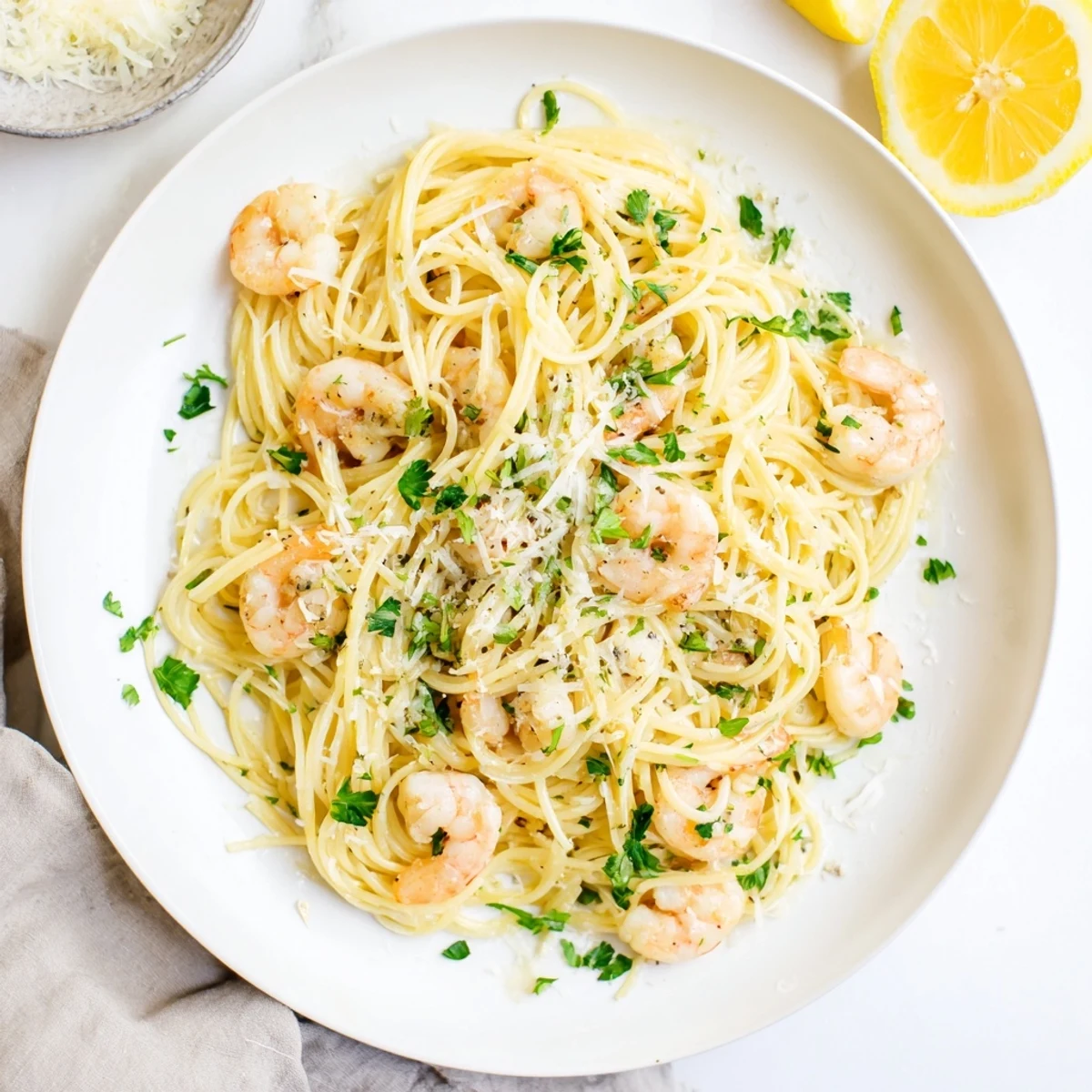 Golden shrimp scampi pasta glistening with garlic butter and lemon sauce on a white plate