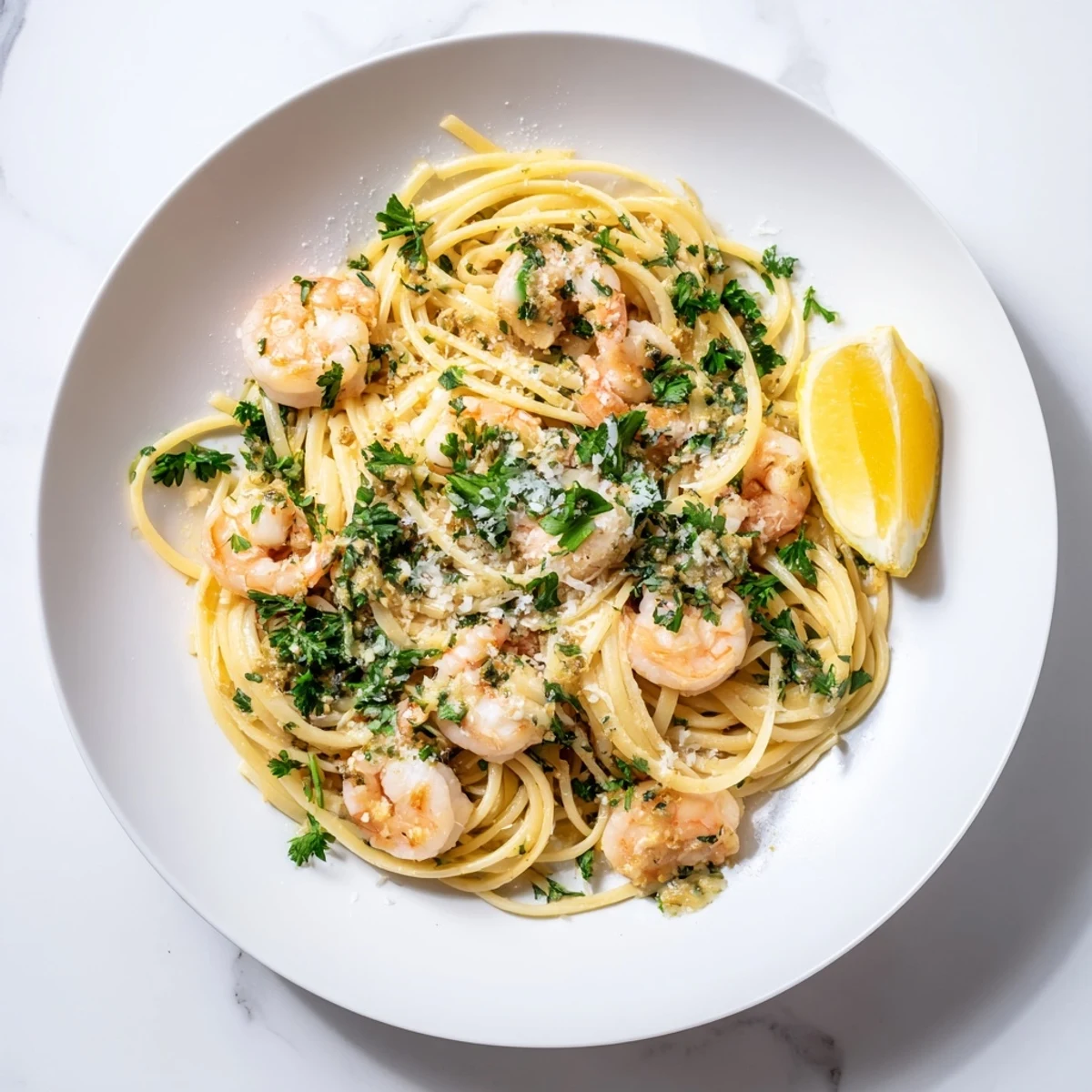 Plated spaghetti tossed with succulent shrimp in a white wine garlic butter lemon sauce